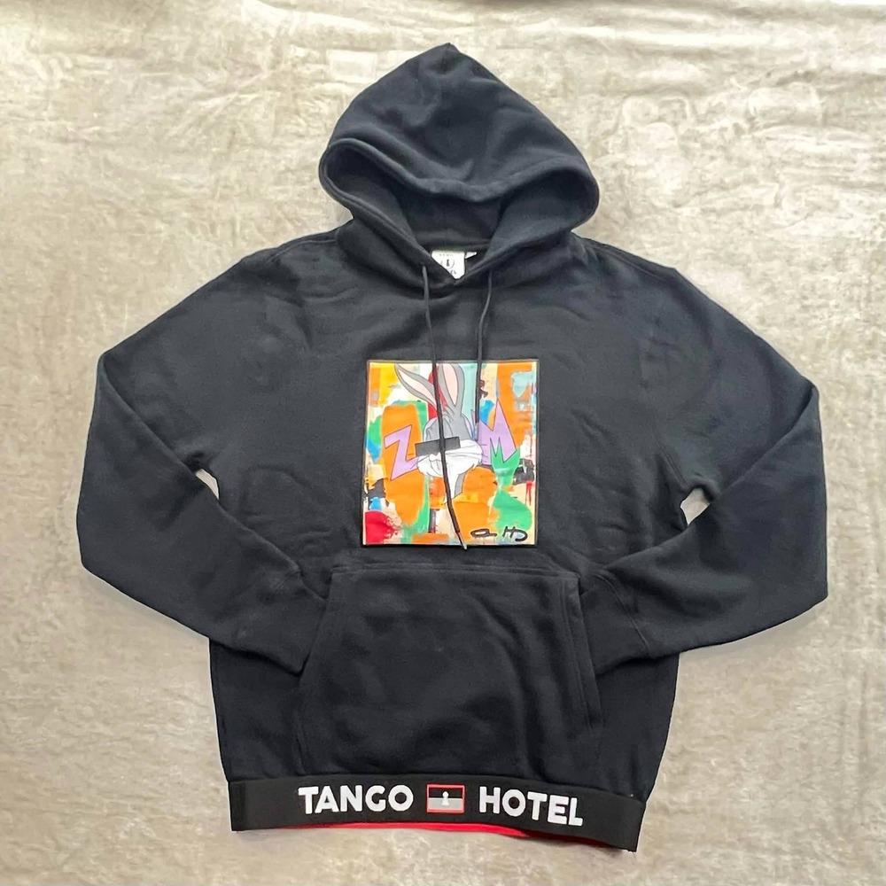 EUC Tango Hotel Drink Bunny Graphic Hoodie Black Streetwear Mens Size S Small